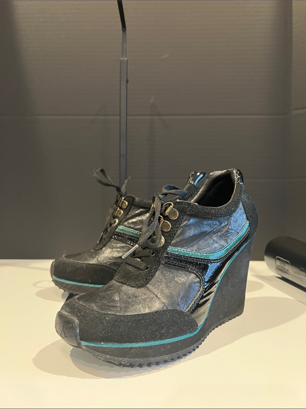 Philip Simon Black Wedge Lace-Up Sneakers with Teal Trim